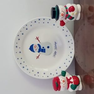 3 Piece Snowman Decor 8in Cookie Plate and 3in Salt & Pepper Shakers